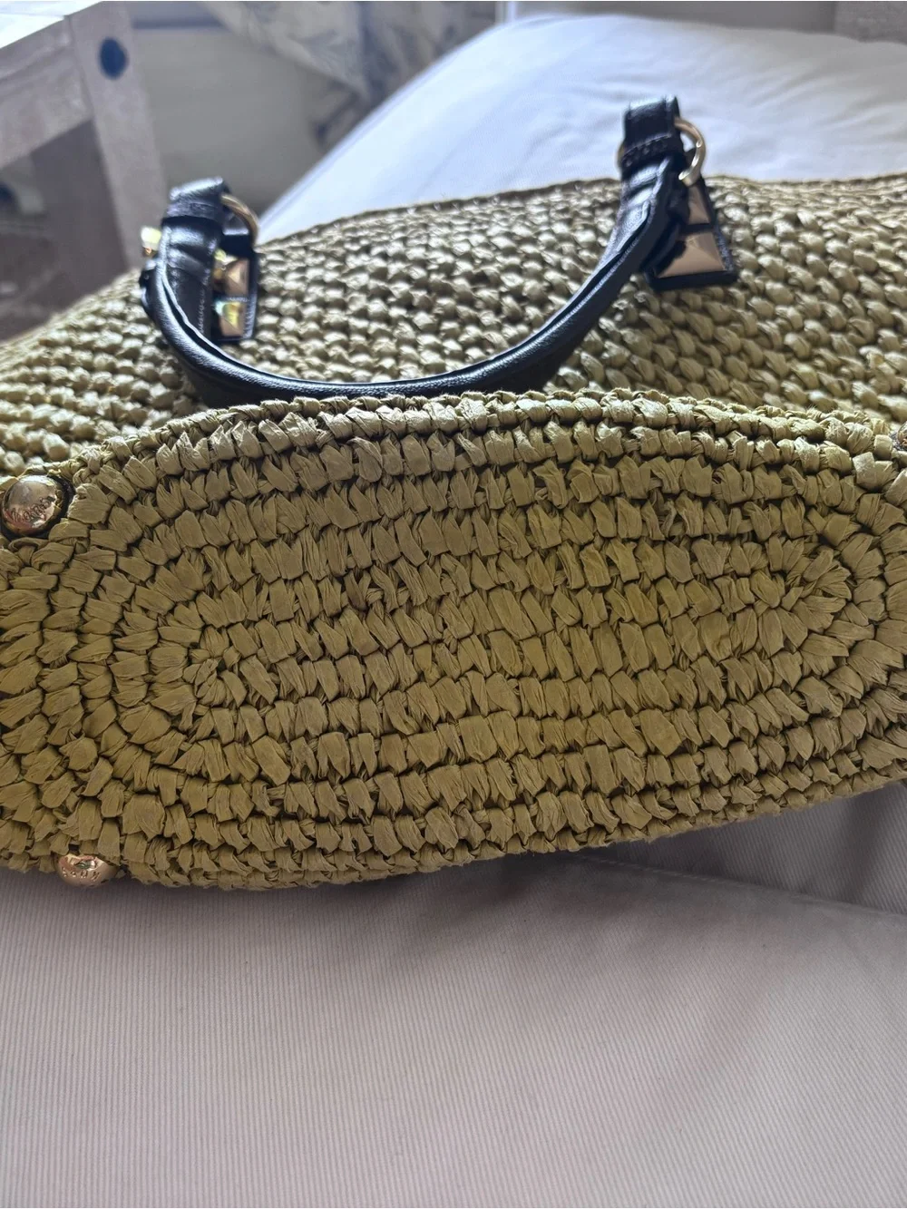Michael Kors Olive Woven Shoulder Tote with Dark Brown Leather Handles